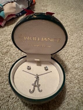 Haus of Brilliance Silver Crystal Initial 'A' Necklace with Stud Earrings